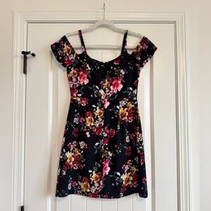 Express Size 4 Black and floral short dress.  Off shoulder cap sleeve & straps
